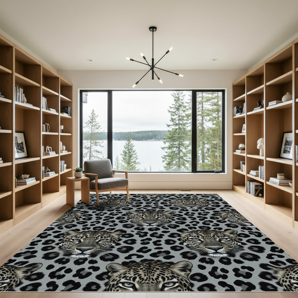 Grey Leopard Face Repeating Animal Rug