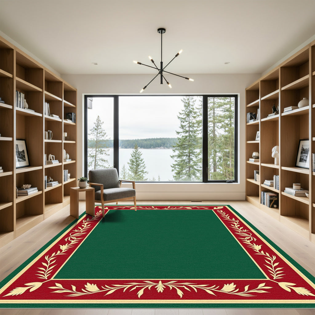 Crimson Gold Leaf Botanical Border Rug