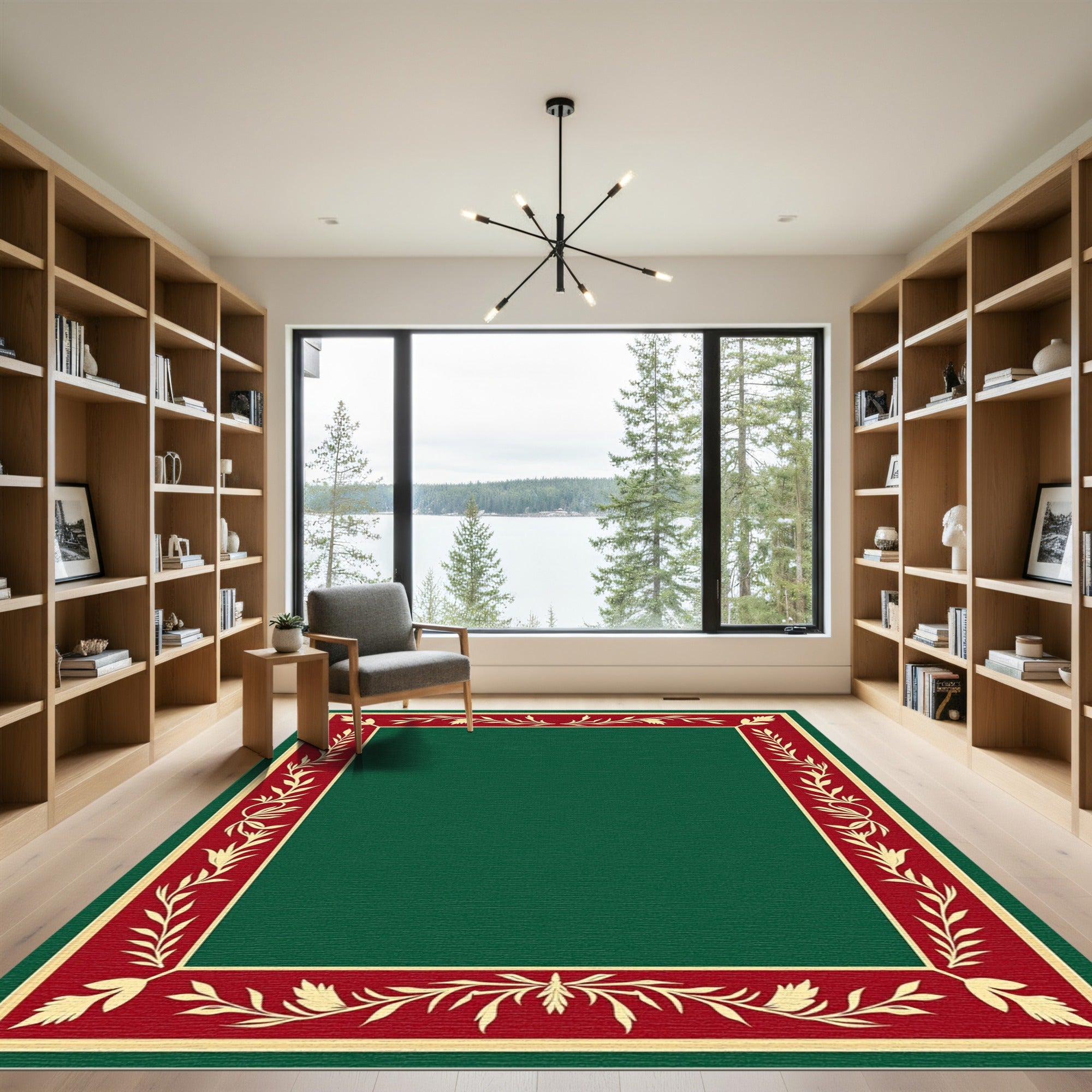 Crimson Gold Leaf Botanical Border Rug