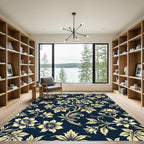 Elegant Navy and Cream Floral Damask Rug