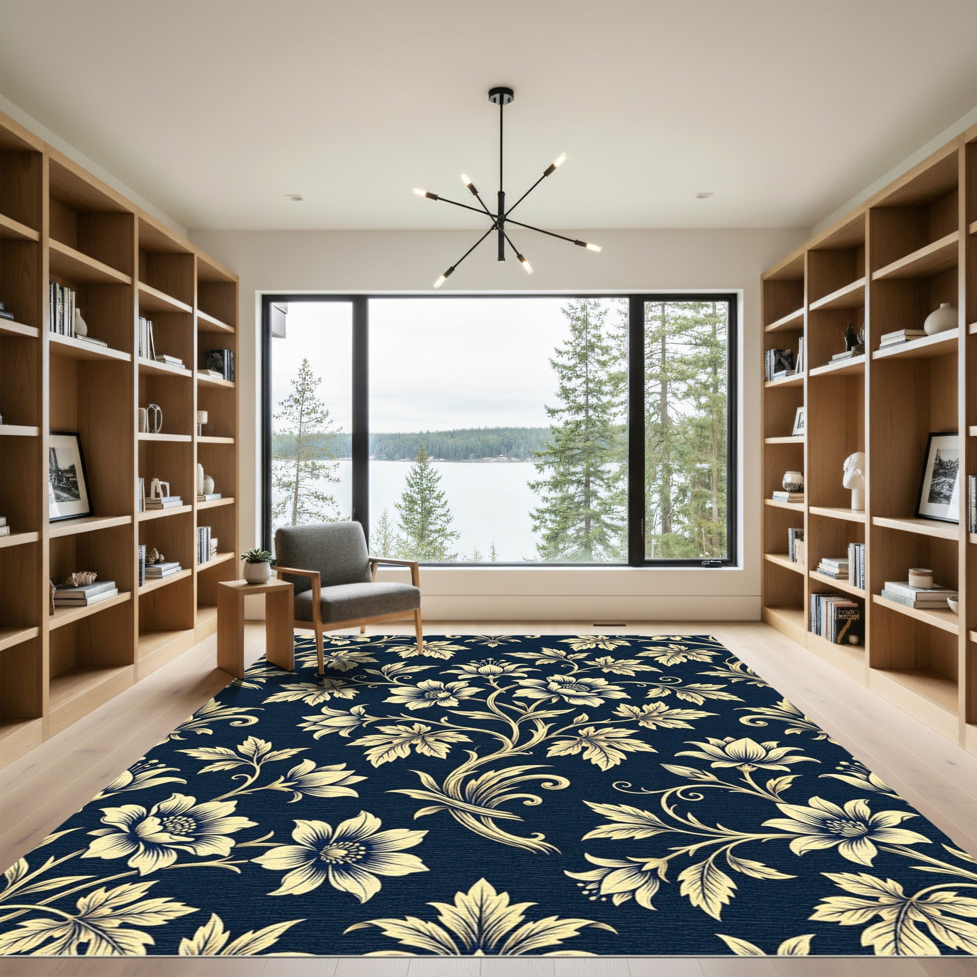 Elegant Navy and Cream Floral Damask Rug