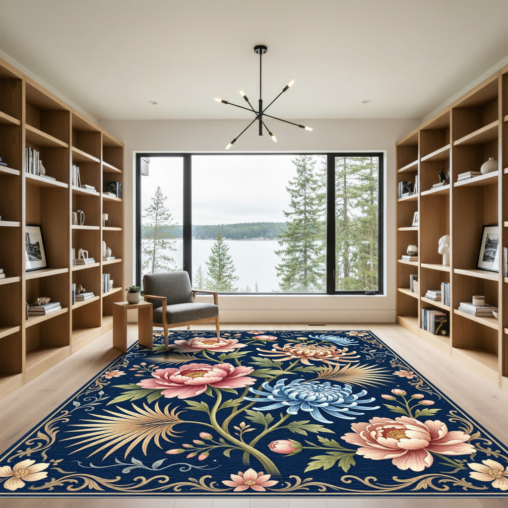 Navy Botanical Peony and Chrysanthemum Art Rug