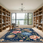 Navy Botanical Peony and Chrysanthemum Art Rug