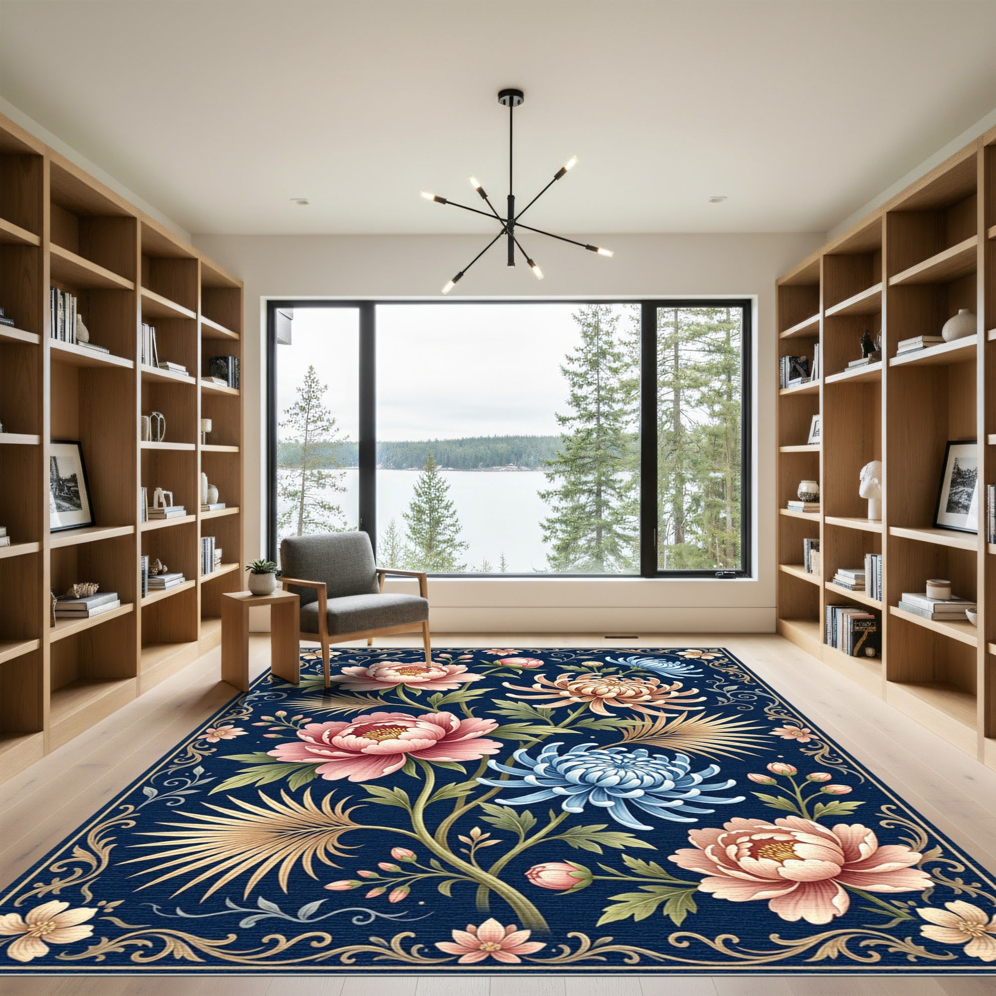 Navy Botanical Peony and Chrysanthemum Art Rug