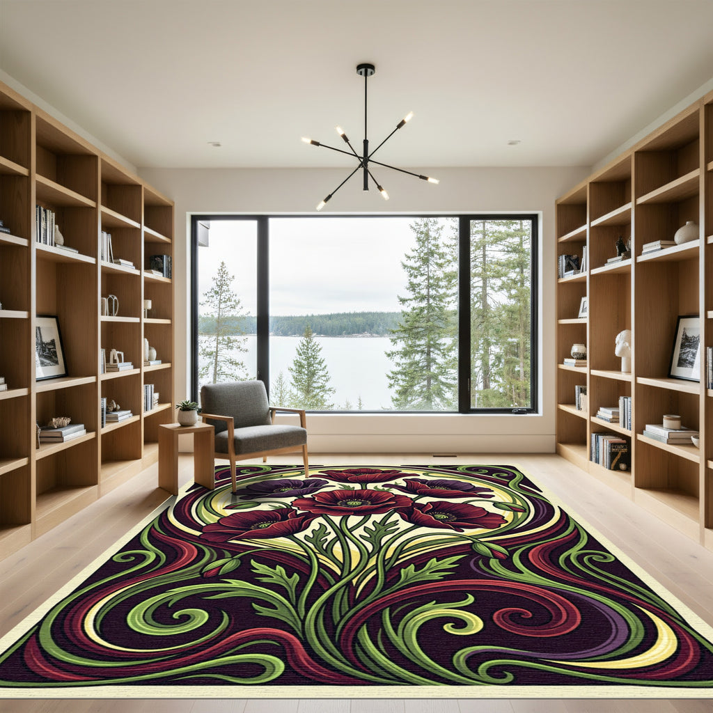 Art Nouveau Burgundy Poppy Floral Cream Rug