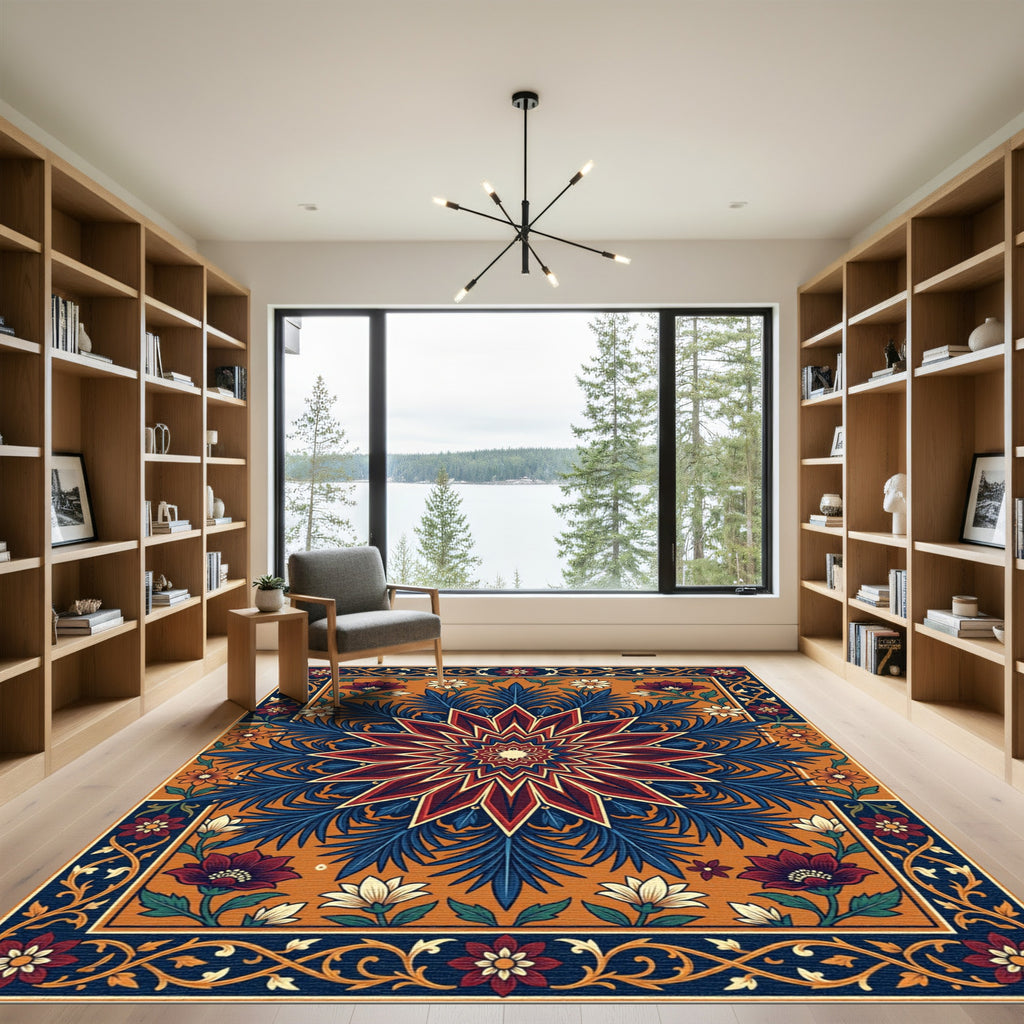 Ornate Deep Blue Floral Medallion Rug