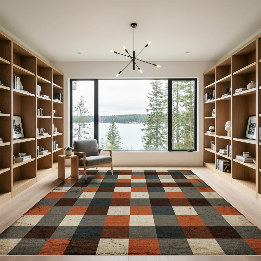 Rustic Red Grey Plaid Squares Rug