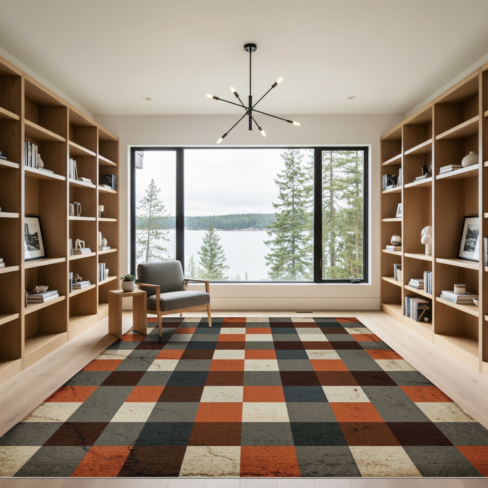 Rustic Red Grey Plaid Squares Rug