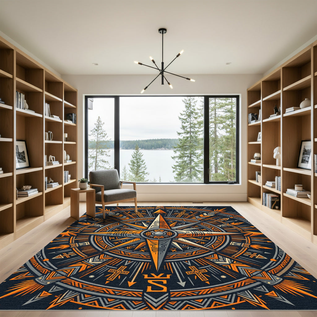 Ornate Orange Charcoal Geometric Compass Rug