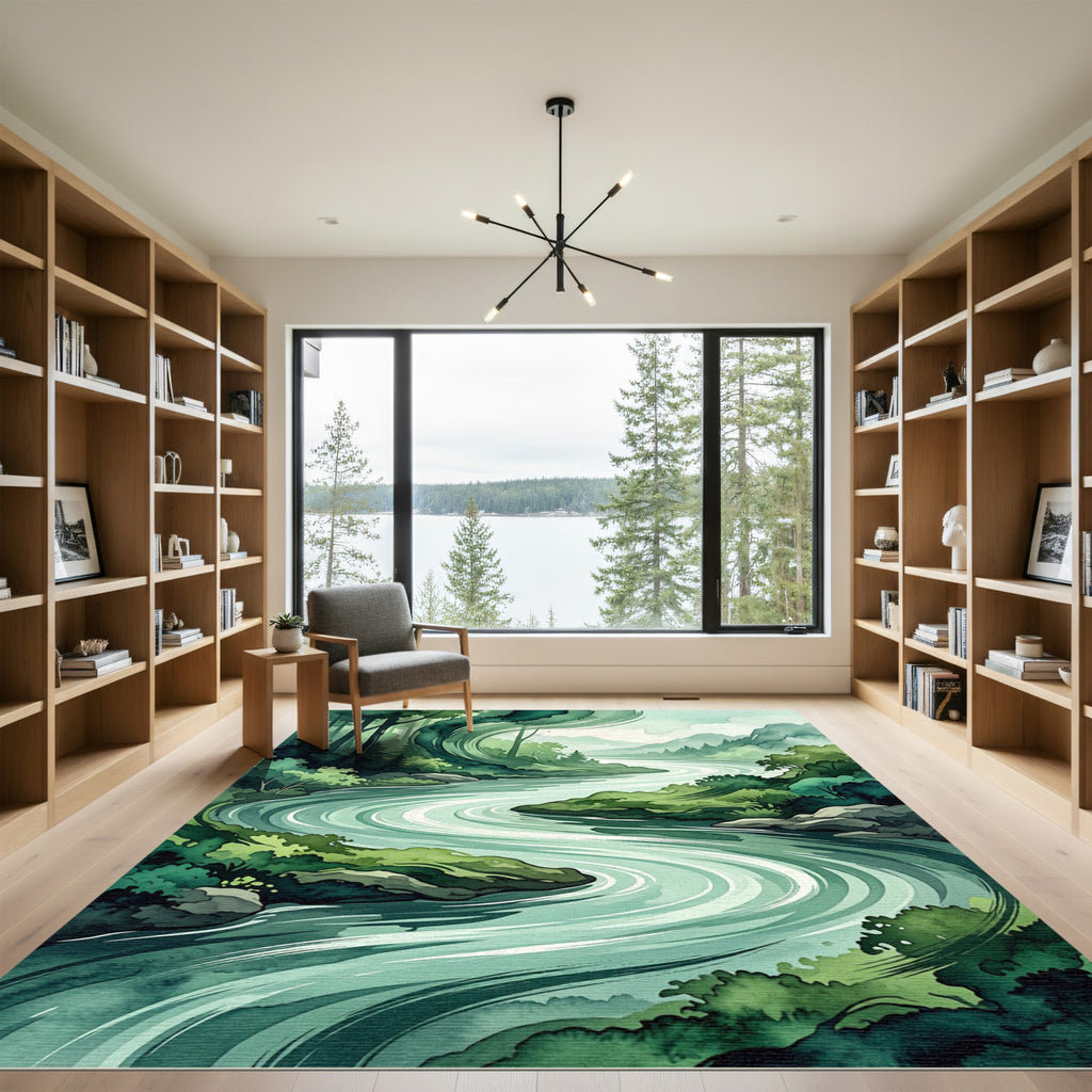 Serene Emerald River Meandering Forest Landscape Rug