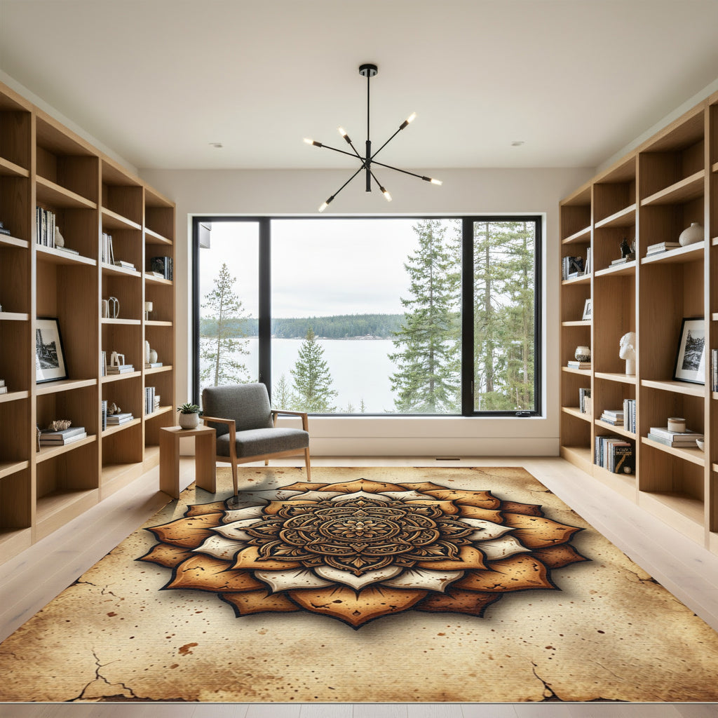 Earthy Golden Mandala Floral Round Rug