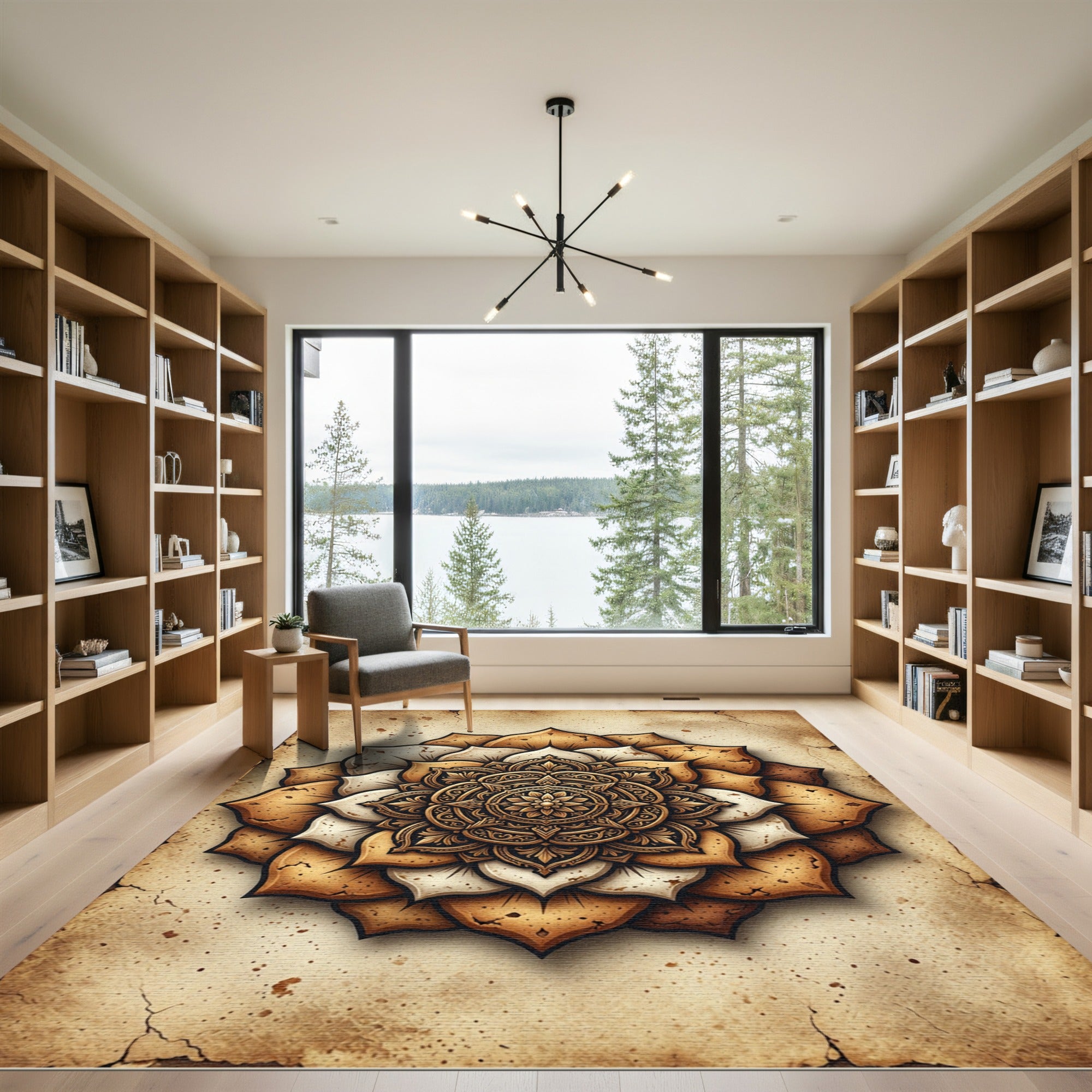 Earthy Golden Mandala Floral Round Rug