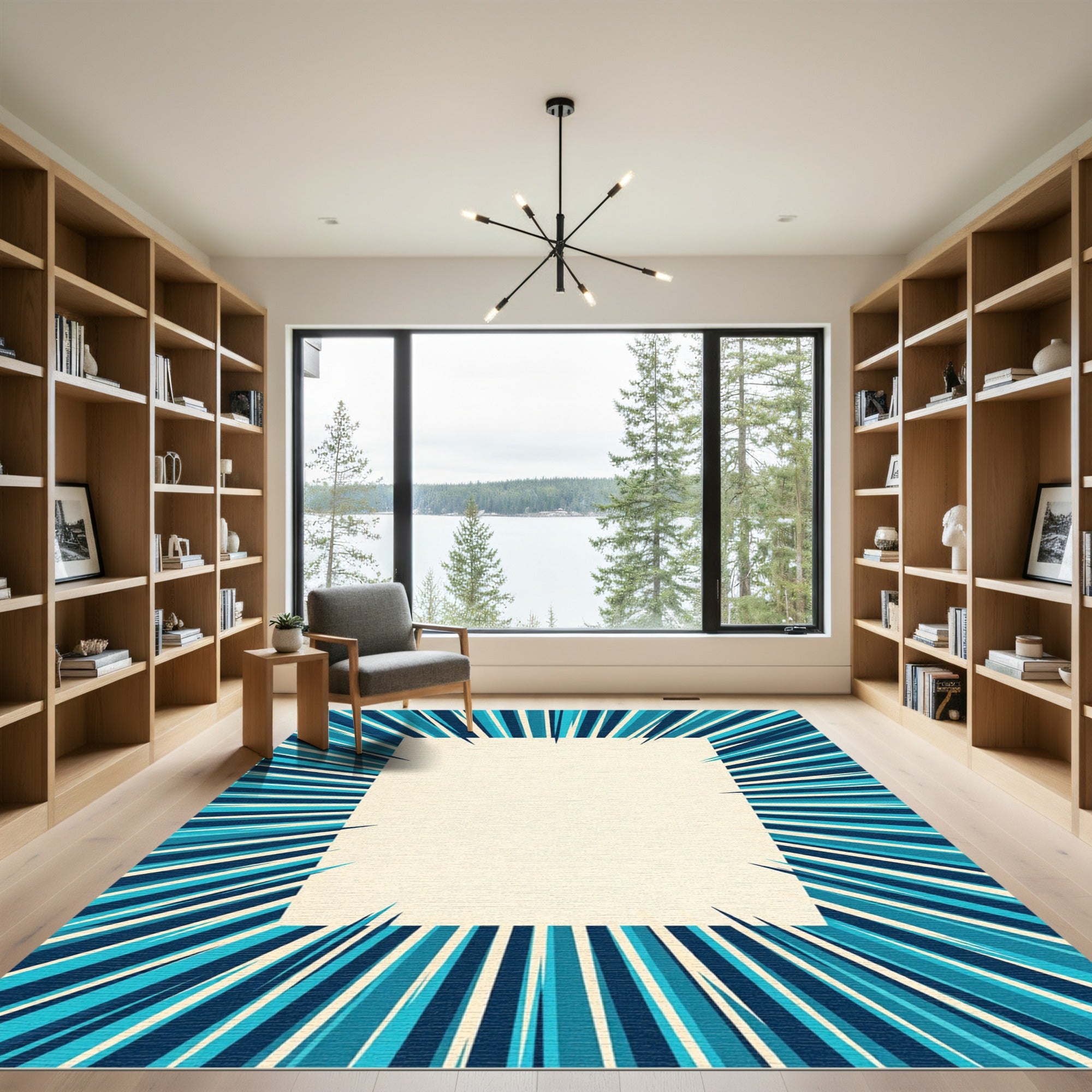 Dynamic Blue Sunburst Graphic Radiance Rug