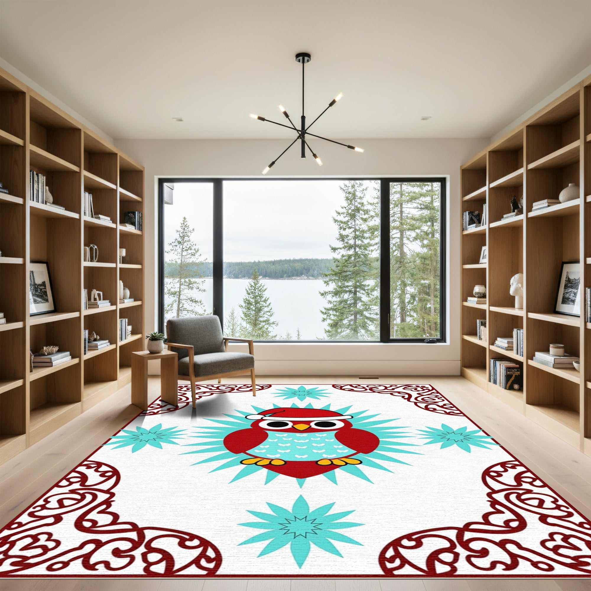 Festive Red Owl Starburst Whimsical Rug