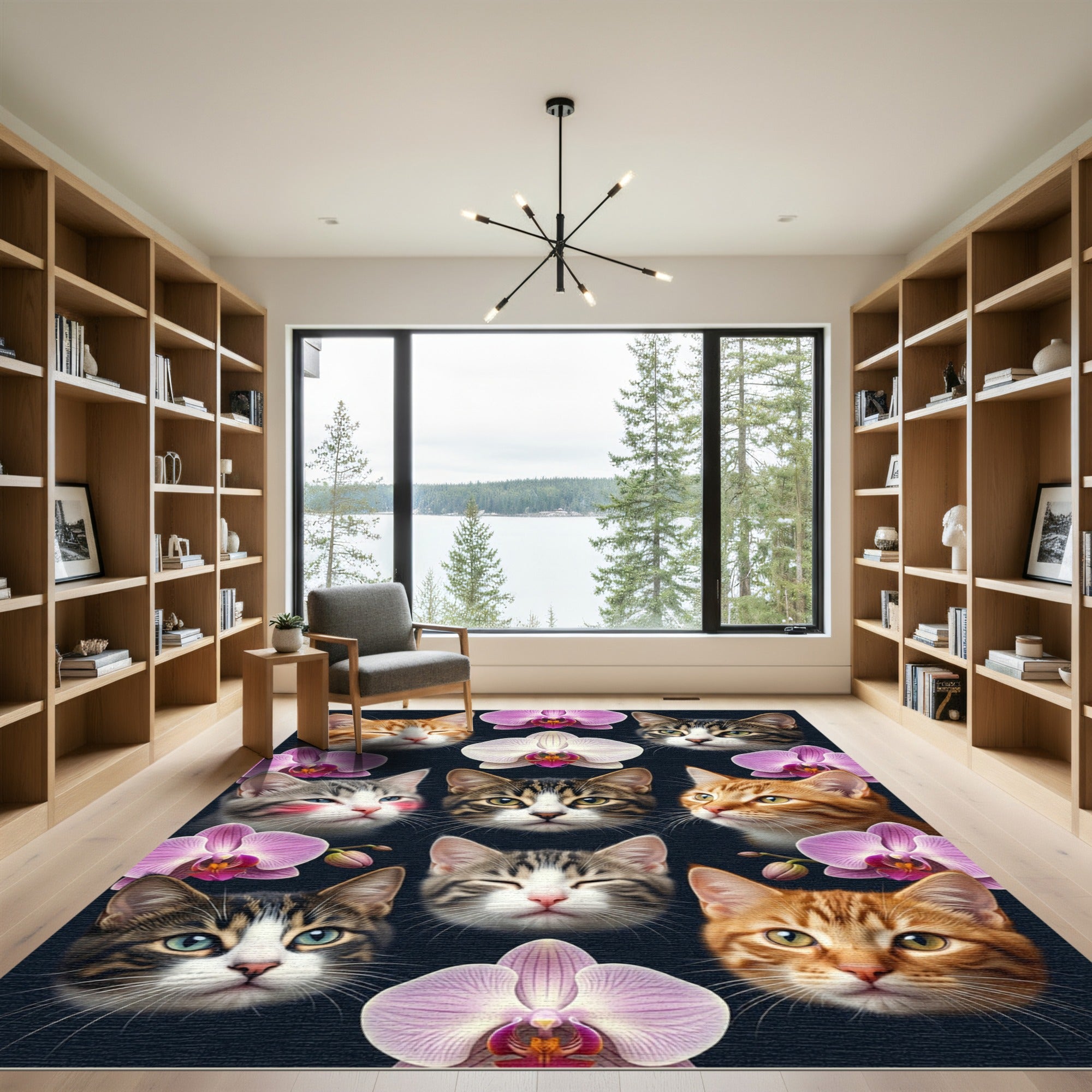 Cute Cats and Orchids Floral Rug