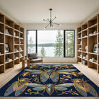 Golden Cicada Insect Navy Botanical Rug