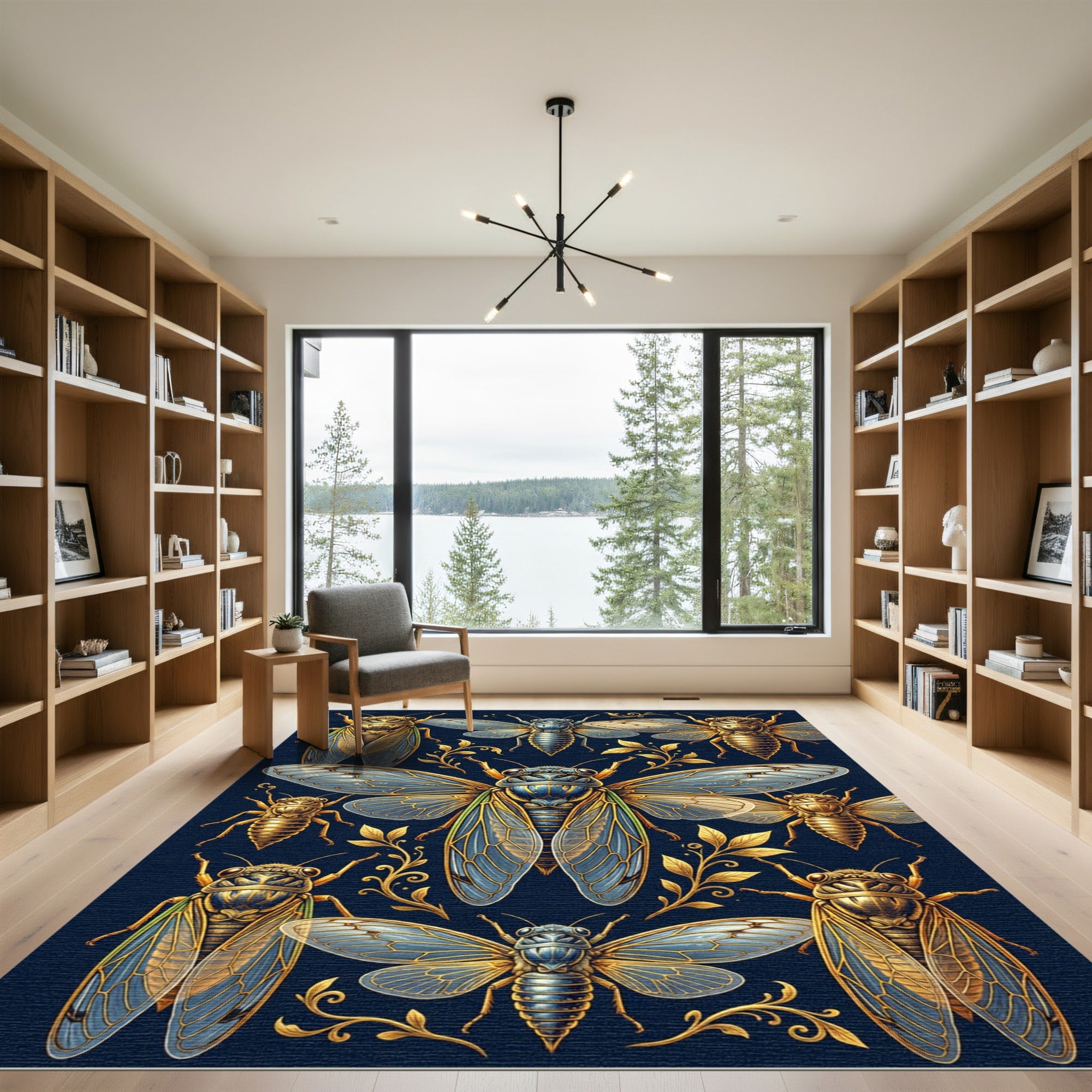 Golden Cicada Insect Navy Botanical Rug