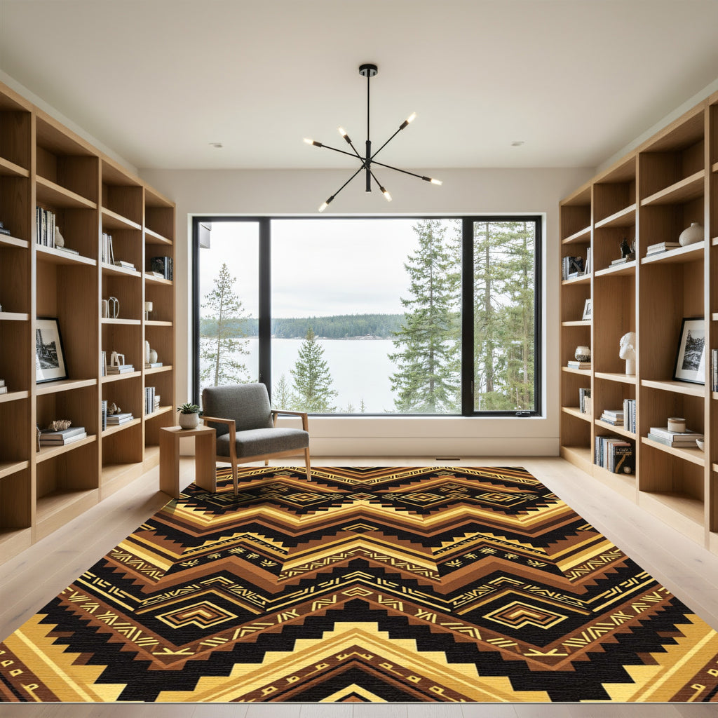 Gold and Brown Geometric Aztec Chevron Rug