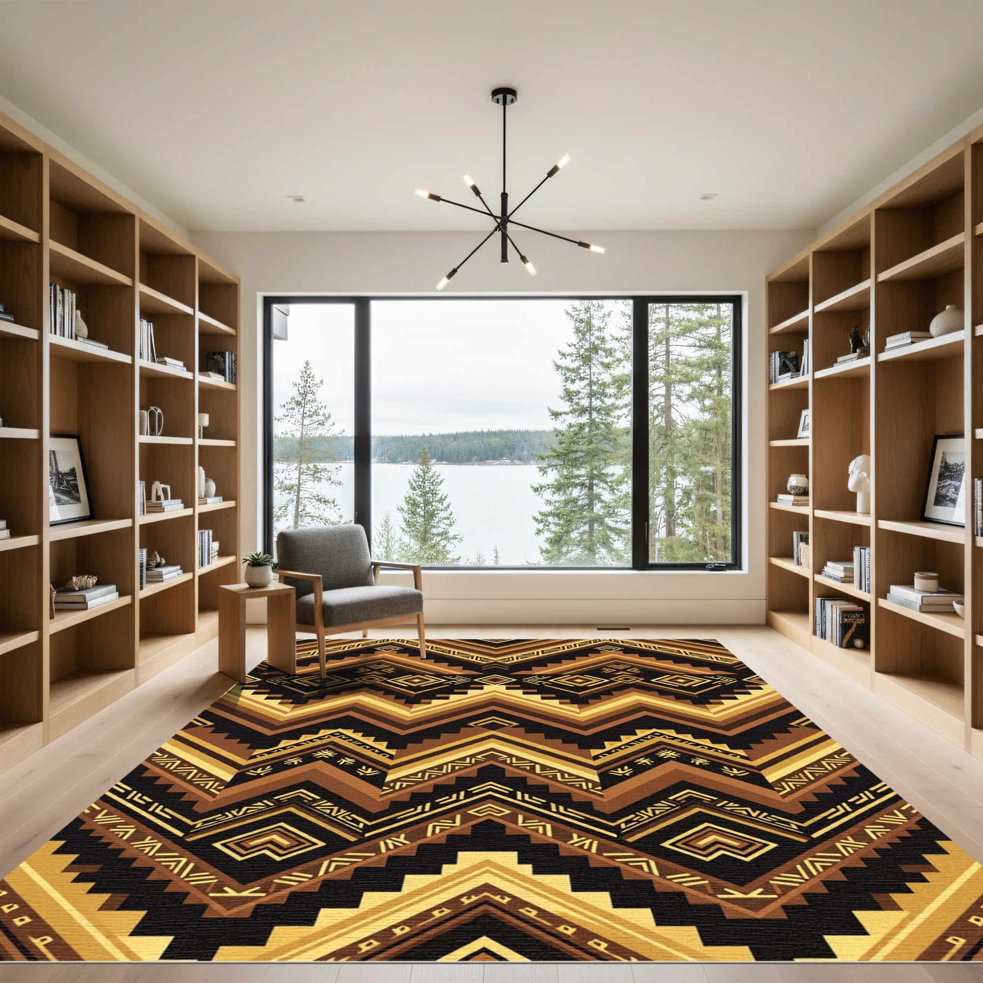 Gold and Brown Geometric Aztec Chevron Rug