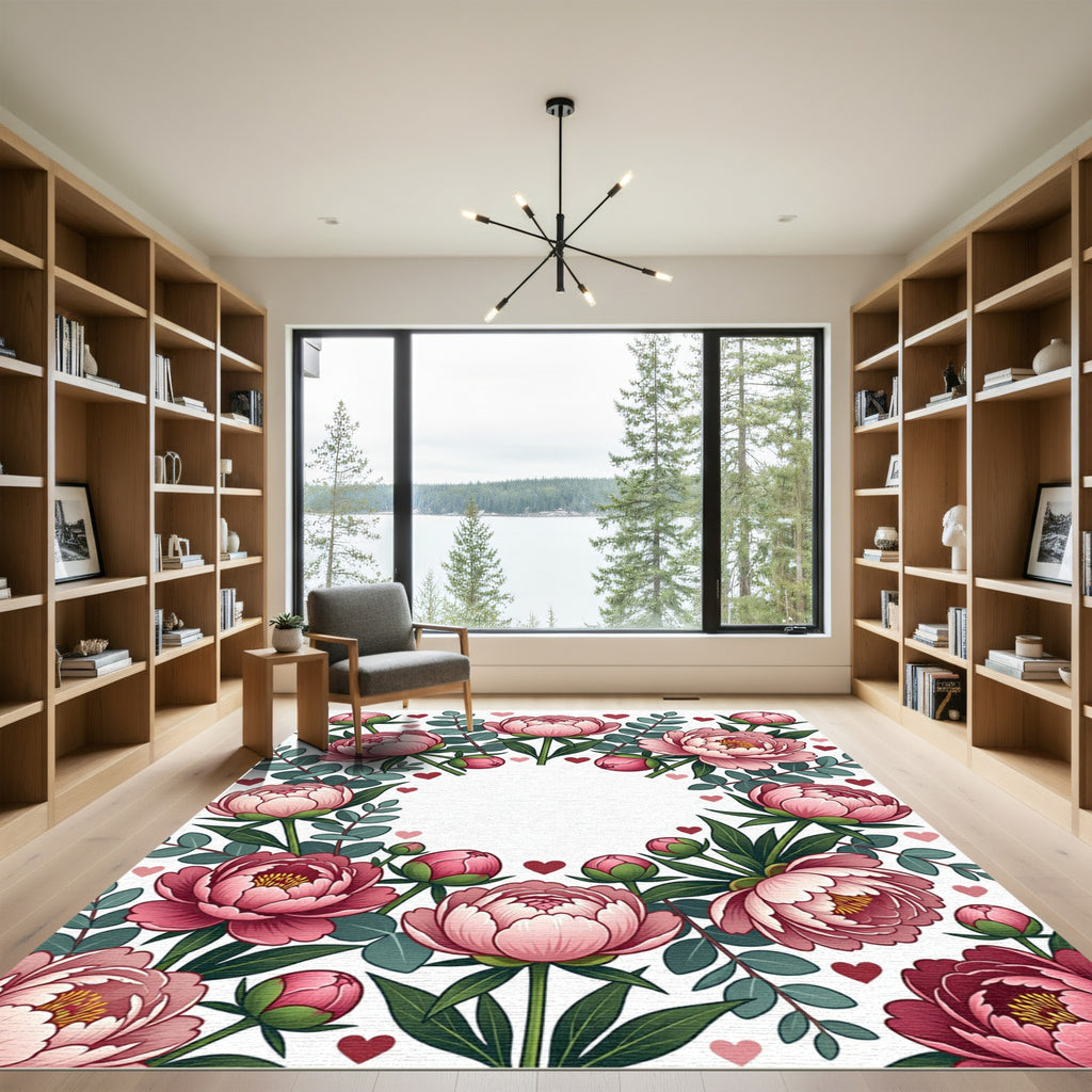 Pink Peony Floral Heart Frame Rug