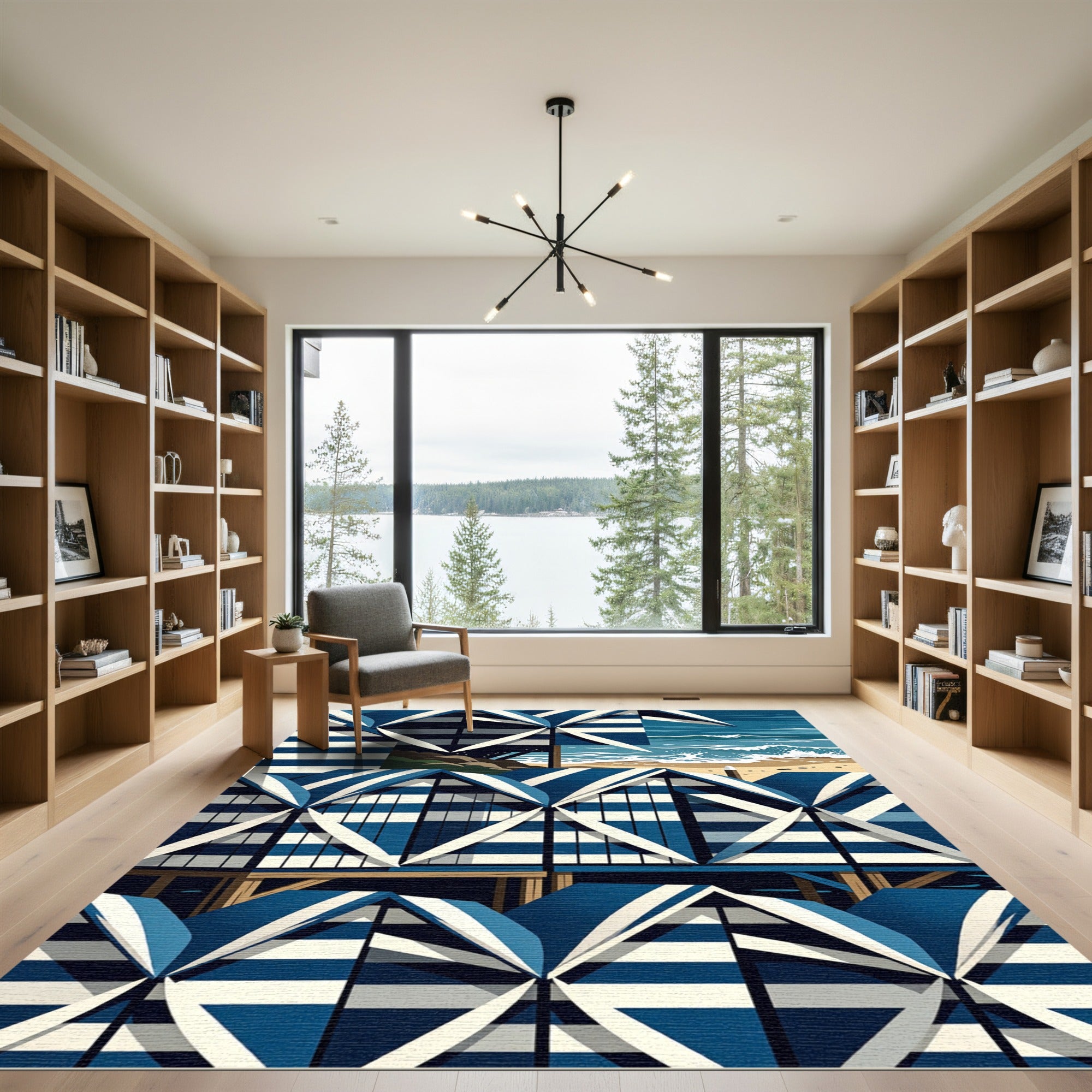 Geometric Navy Blue Striped Coastal Cabana Rug