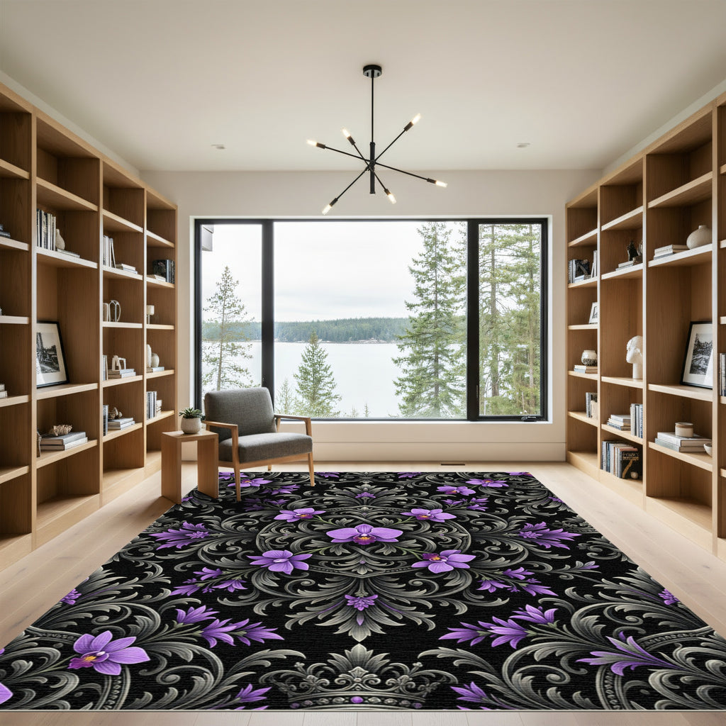 Elegant Purple Orchid Baroque Scroll Rug