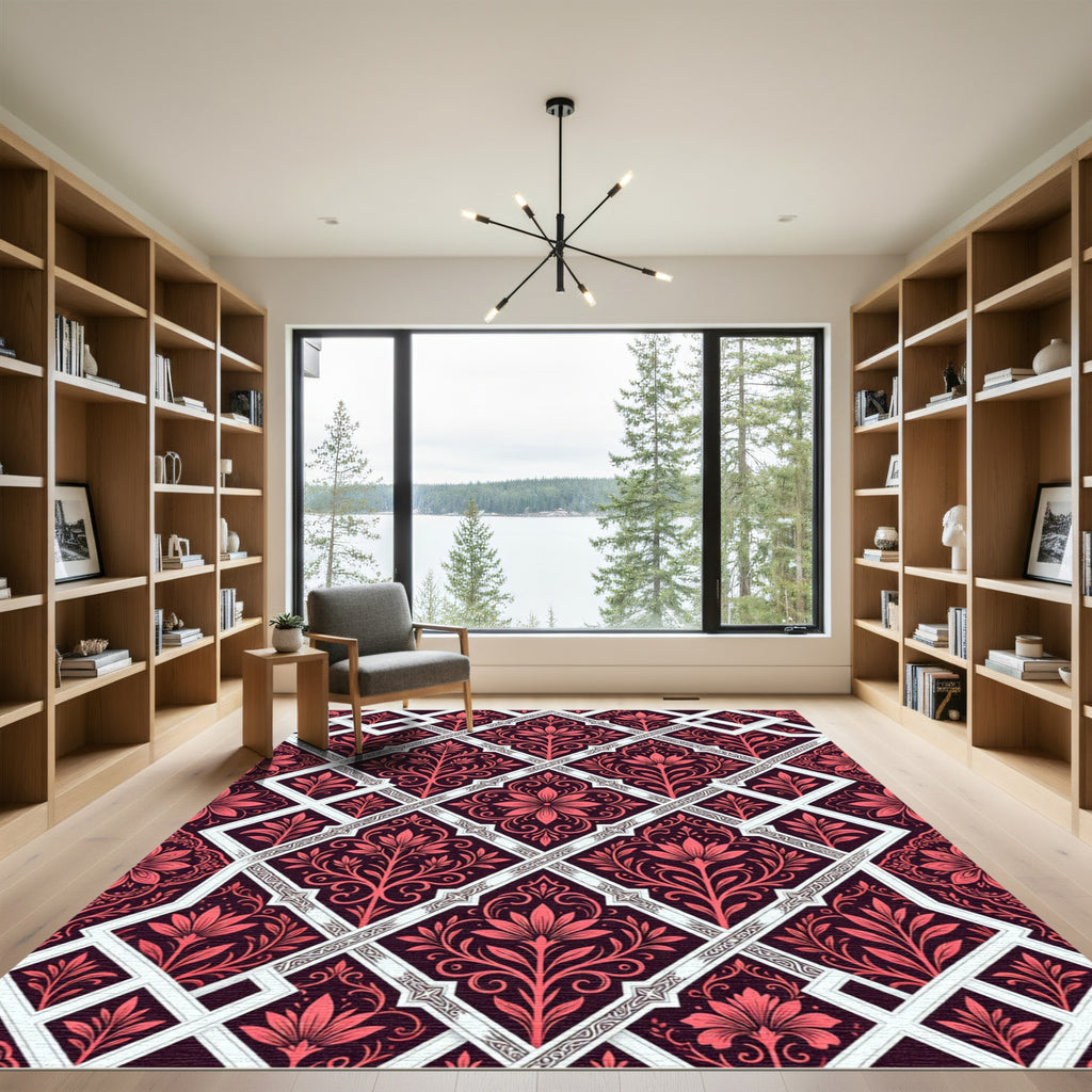 Crimson Floral Geometric Damask Lattice Rug