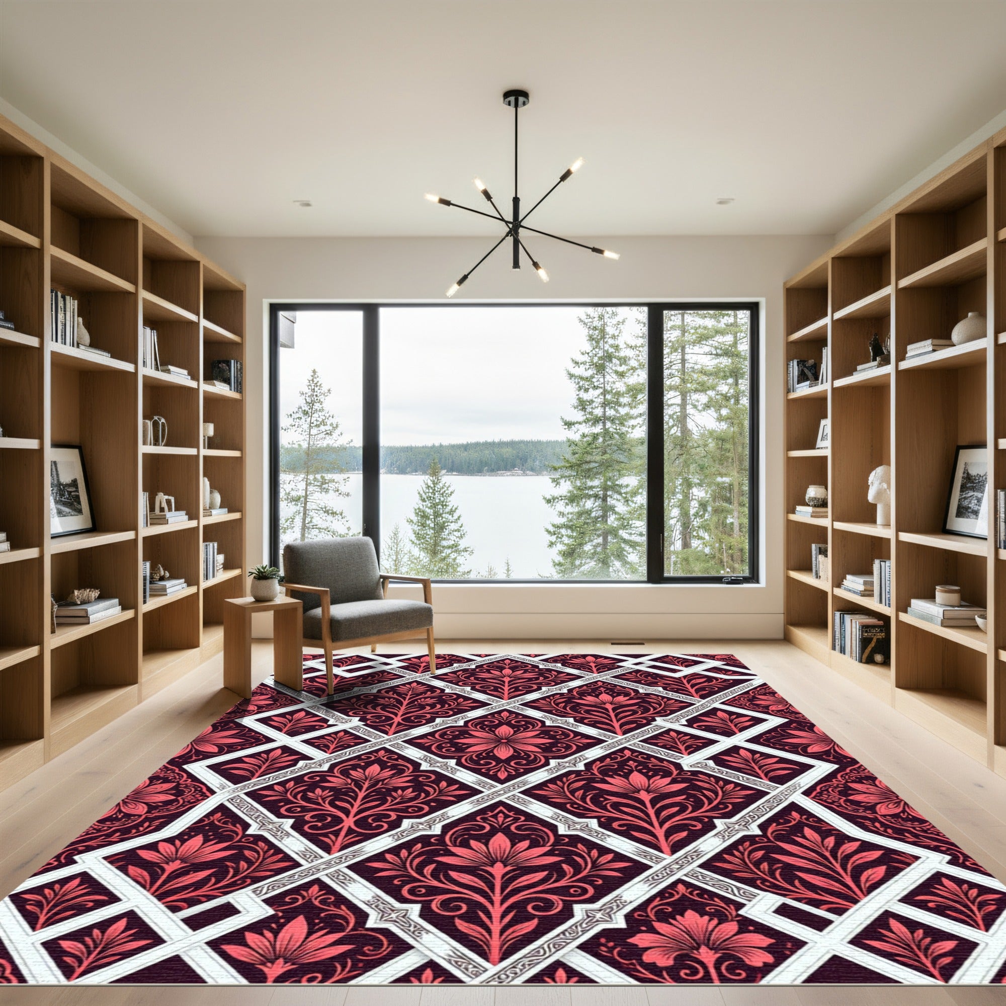 Crimson Floral Geometric Damask Lattice Rug
