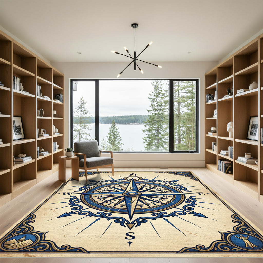 Antique Blue Compass Rose Nautical Rug