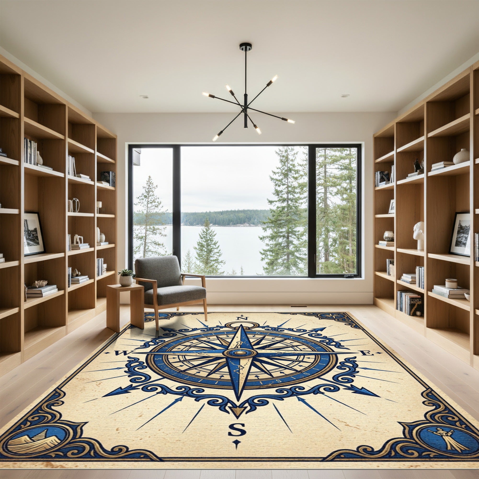 Antique Blue Compass Rose Nautical Rug