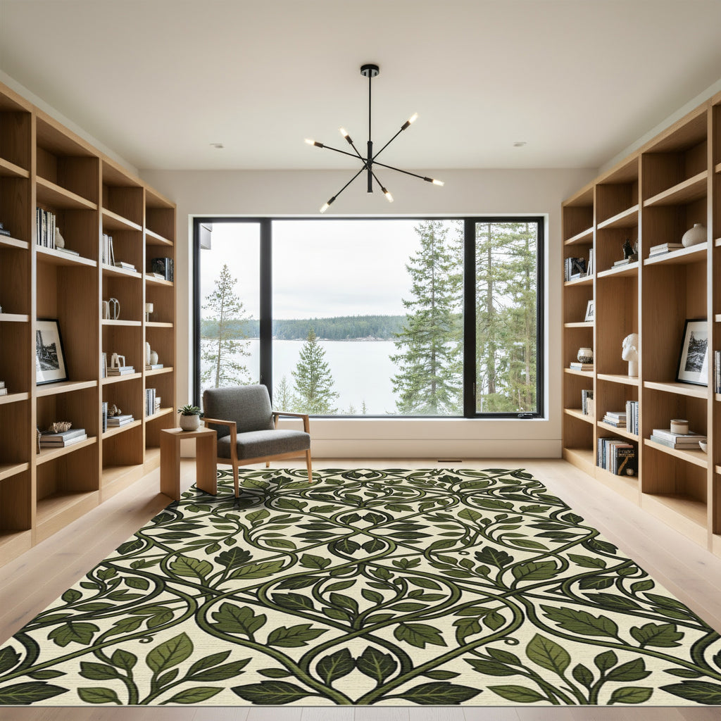 Elegant Olive Green Intertwined Leaf Vine Rug