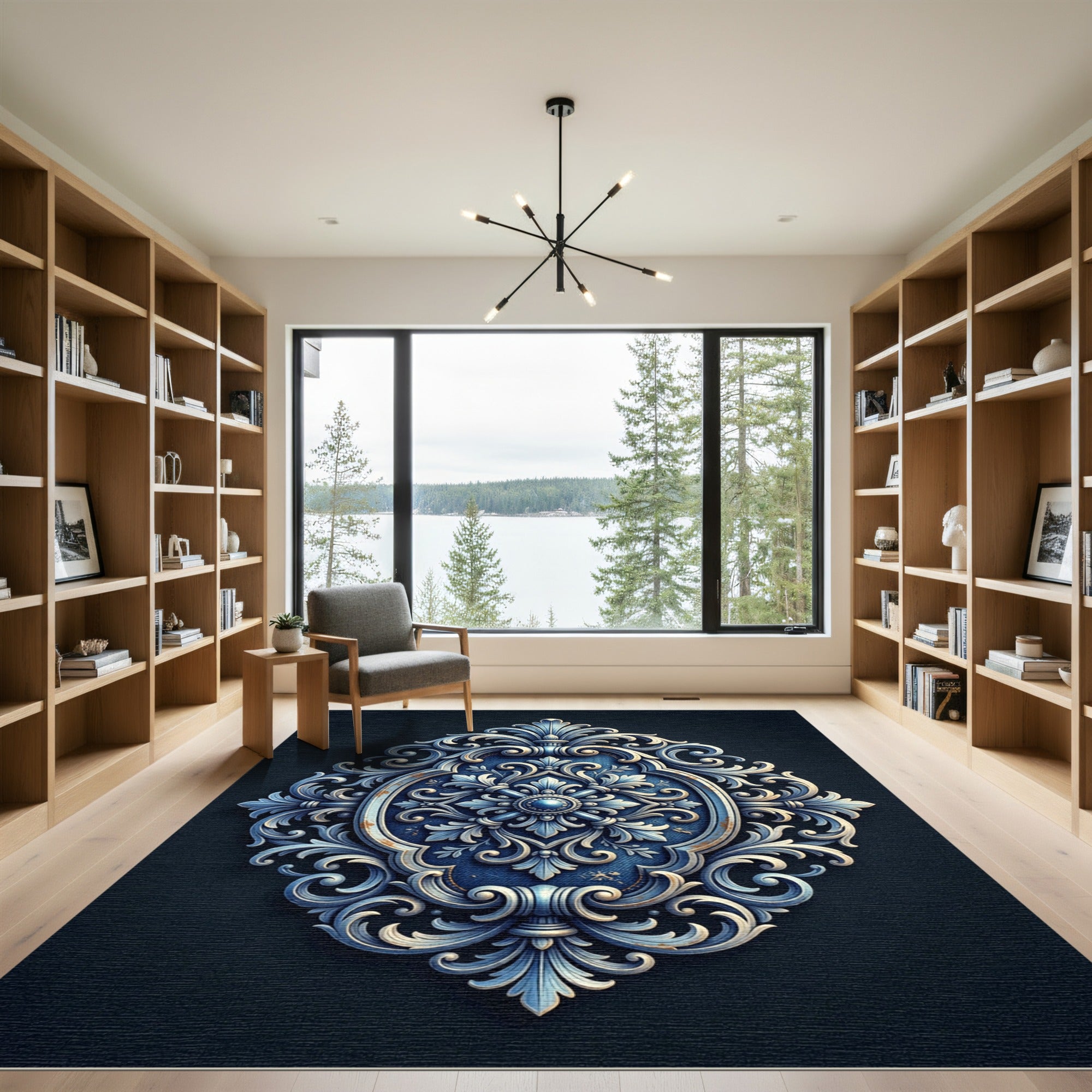 Ornate Navy Damask Filigree Medallion Rug