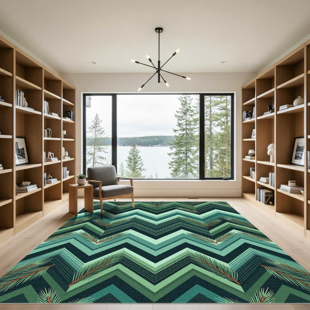 Deep Teal Chevron Pine Sprig Rug