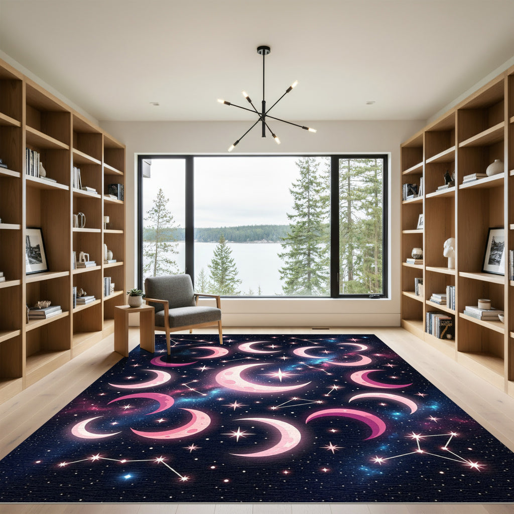 Cosmic Pink Crescent Moons Constellations Rug