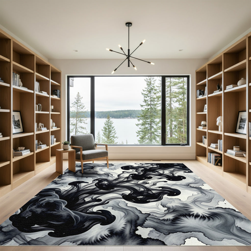 Bold Black Ink Swirl Abstract Rug