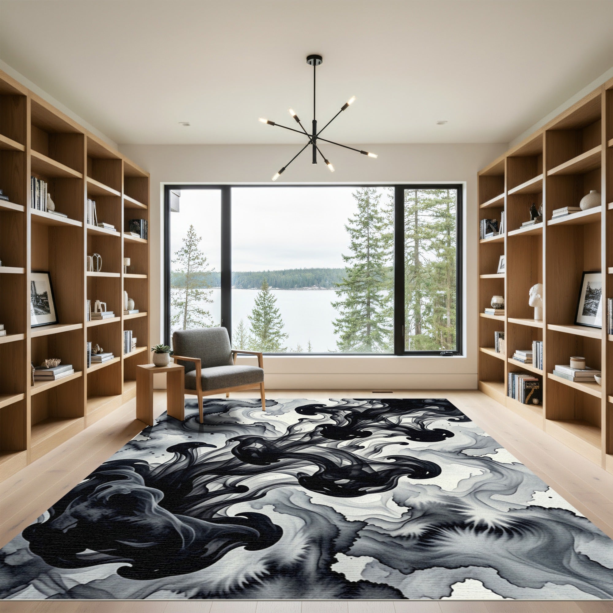 Bold Black Ink Swirl Abstract Rug