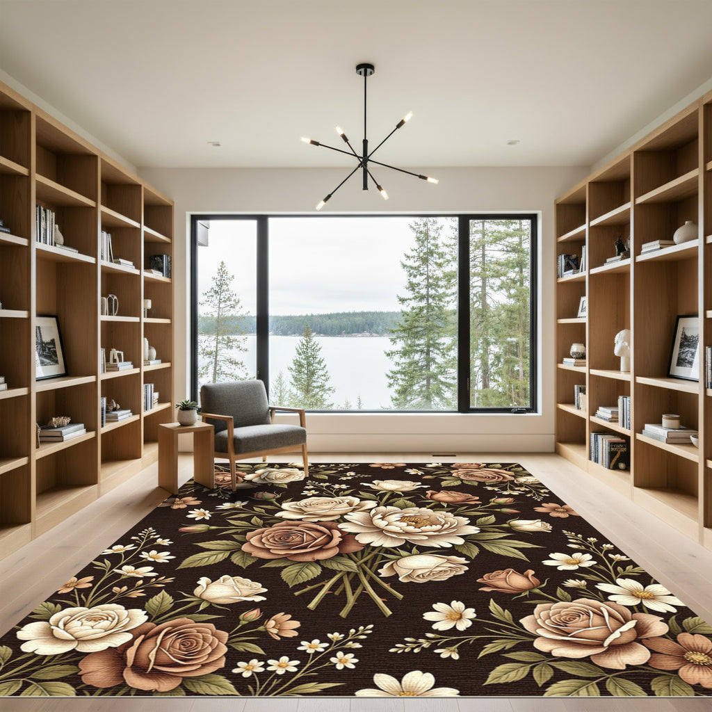 Vintage Dark Floral Botanical Rose Bouquet Rug