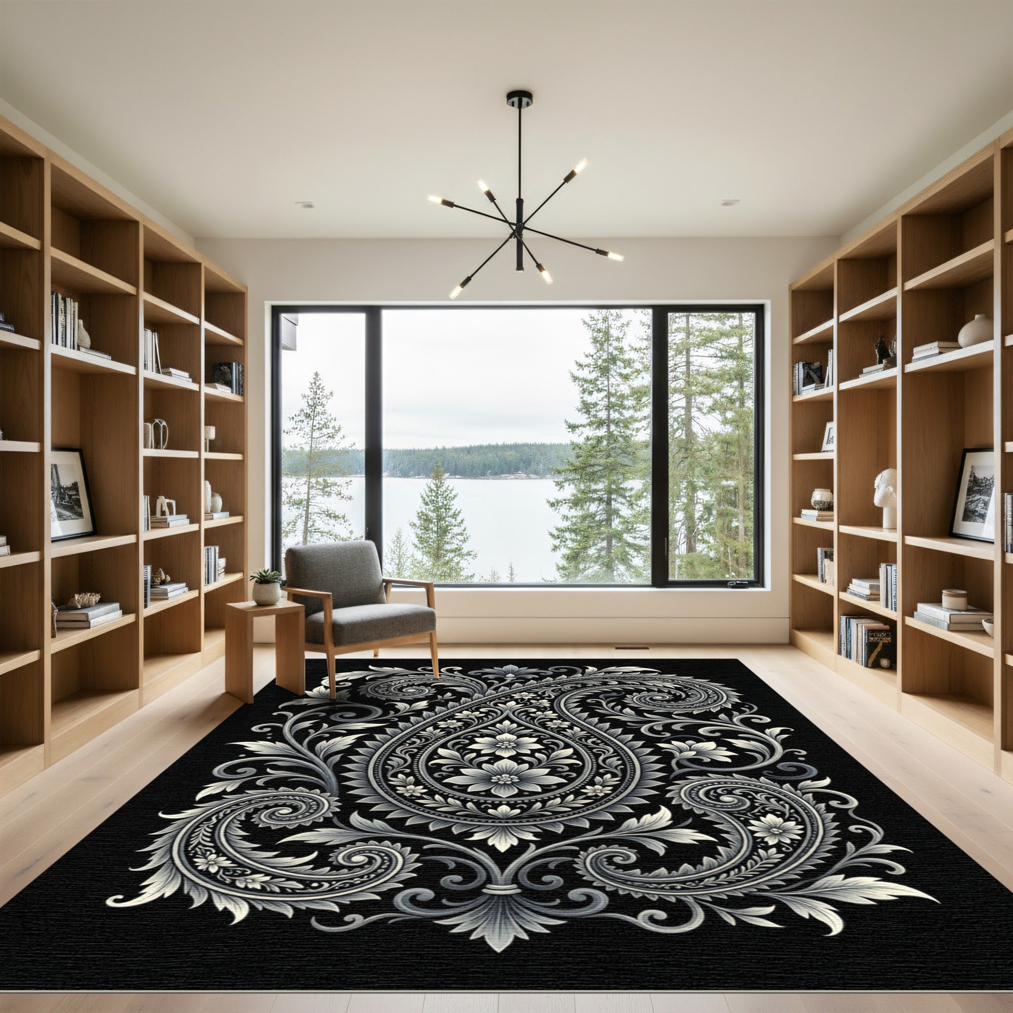 Monochromatic Floral Paisley Swirls Rug