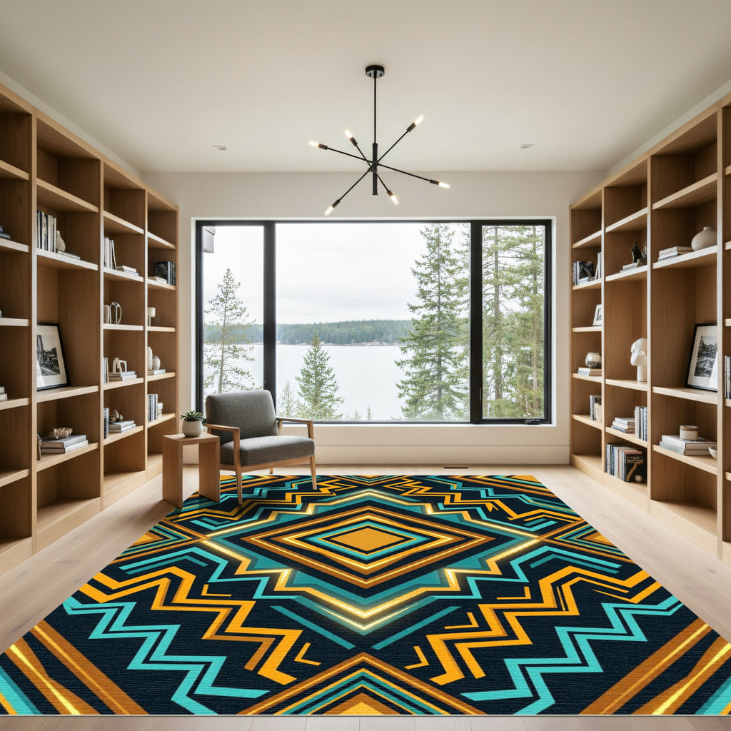 Bold Geometric Teal Gold Diamond Rug