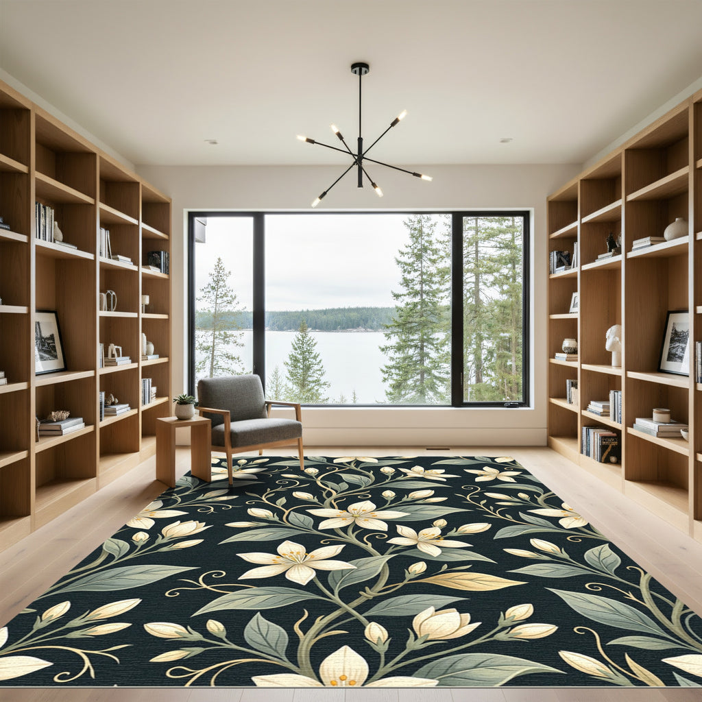 Elegant Cream Blossom Dark Botanical Rug
