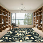 Elegant Cream Blossom Dark Botanical Rug