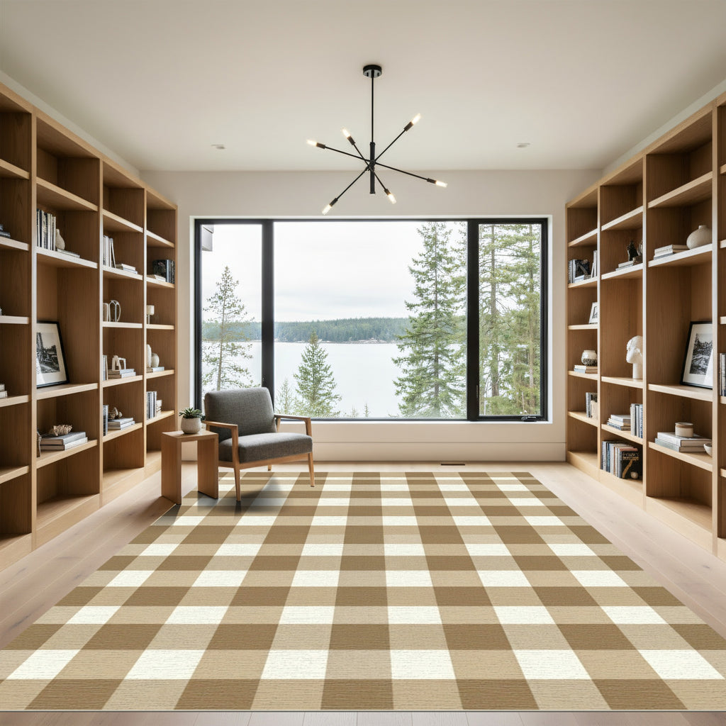 Neutral Beige Gingham Checkered Rug