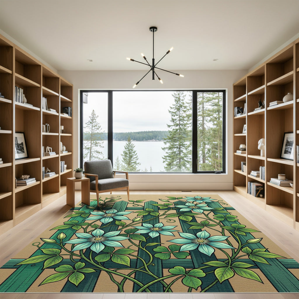 Botanical Mint Clematis Climbing Vine Floor Art Rug