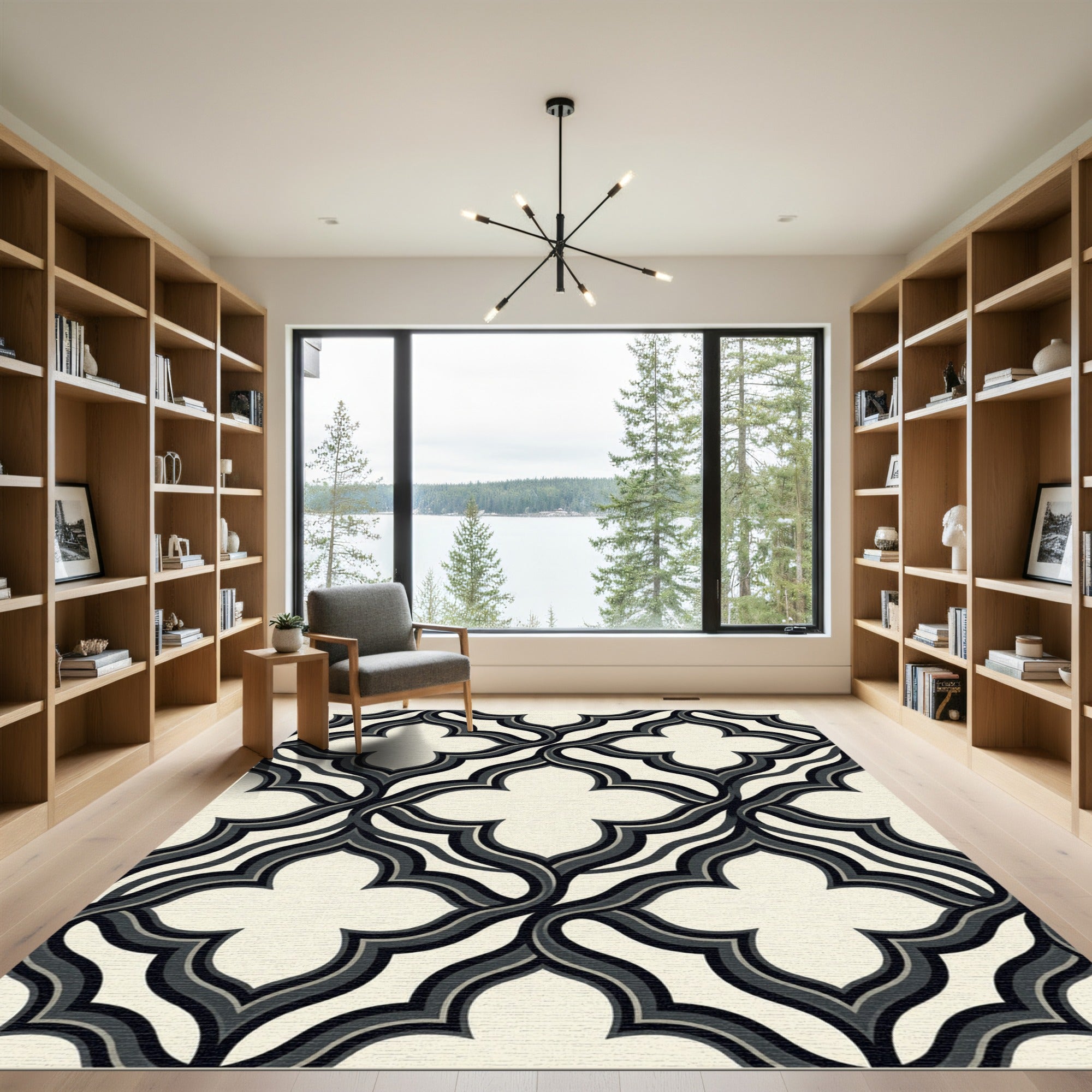 Modern Black and Cream Interlocking Quatrefoil Rug