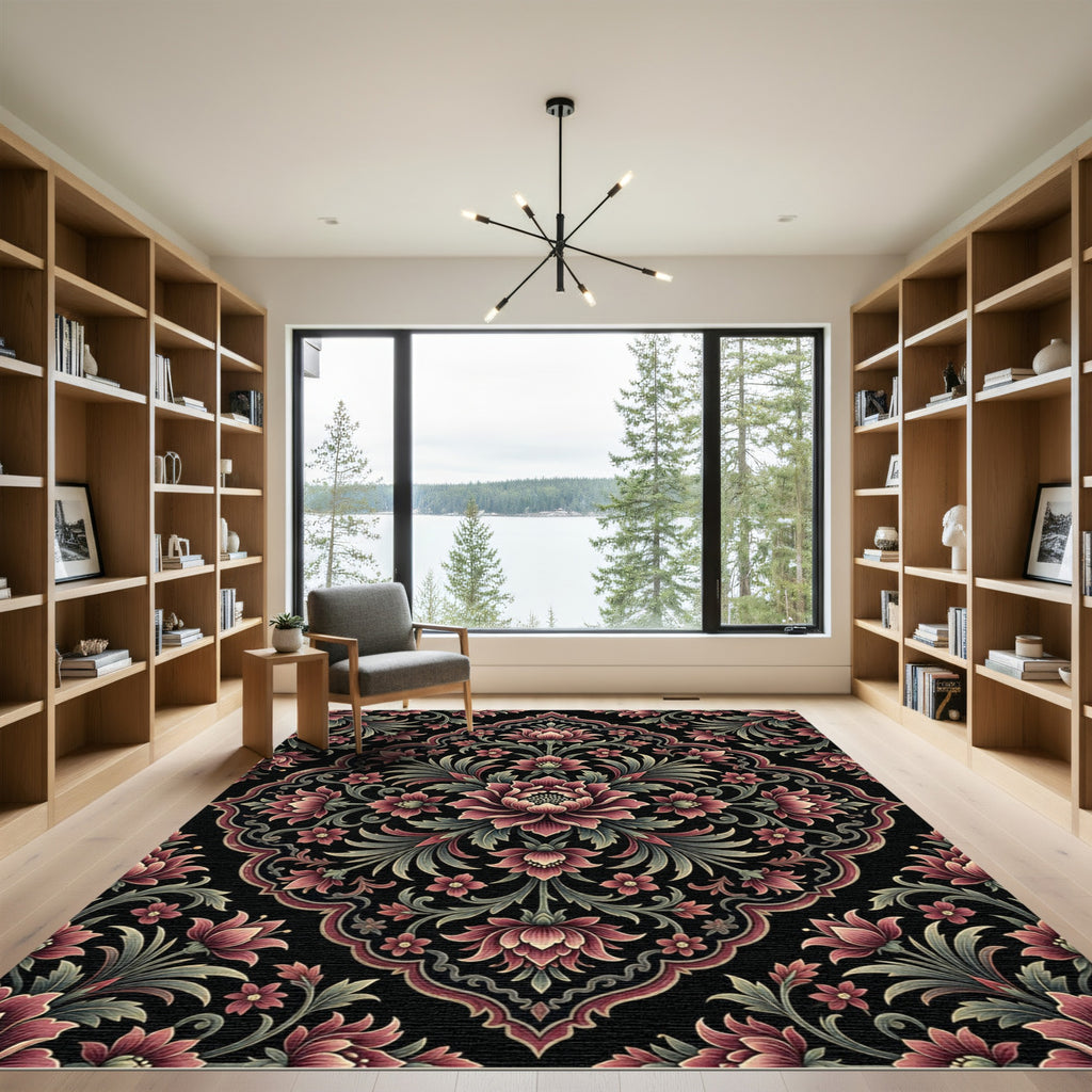 Ornate Dark Crimson Floral Medallion Rug