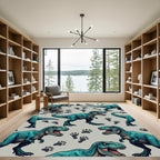 Teal T-Rex Dinosaur Footprint Illustration Rug