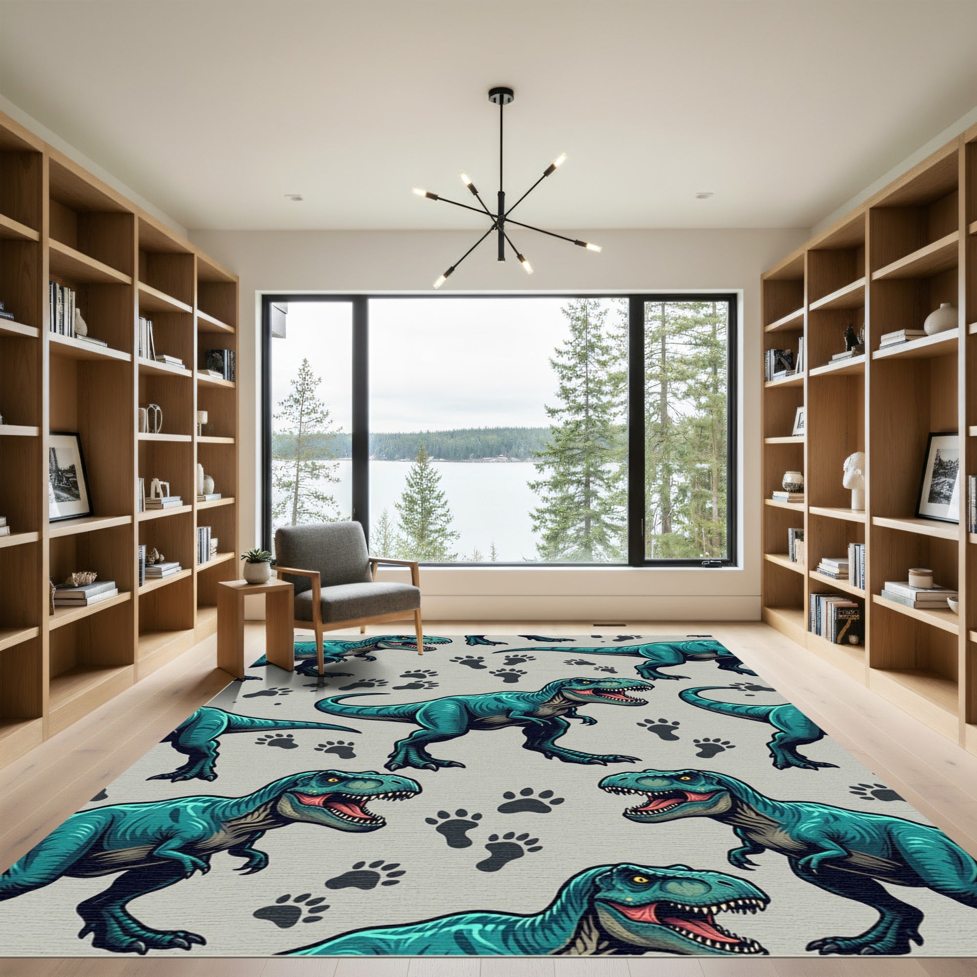 Teal T-Rex Dinosaur Footprint Illustration Rug