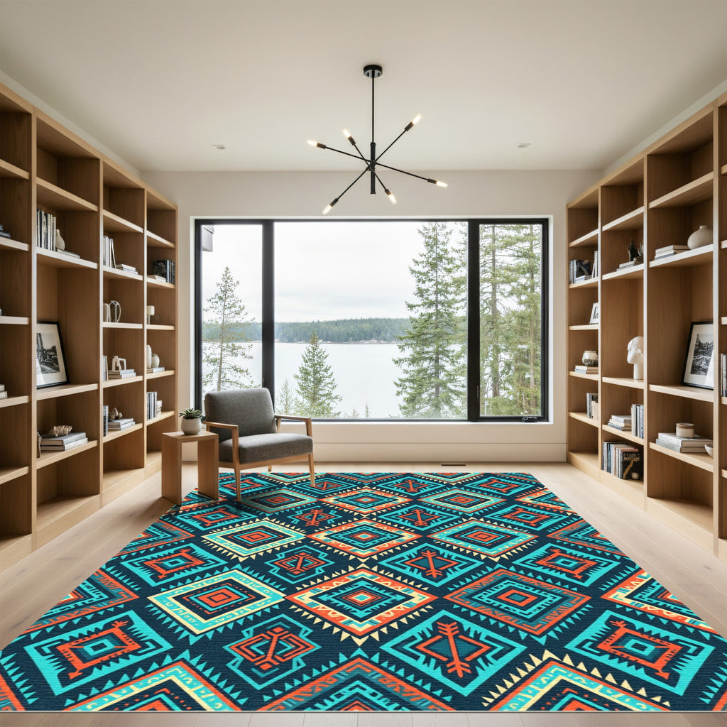 Vibrant Teal and Orange Geometric Diamond Rug