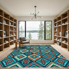 Vibrant Teal and Orange Geometric Diamond Rug