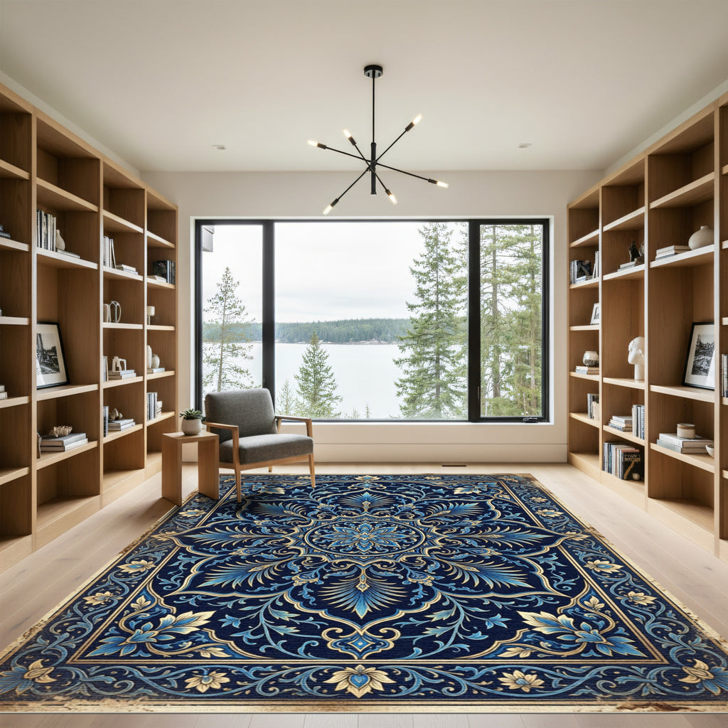 Royal Blue Gold Filigree Medallion Rug